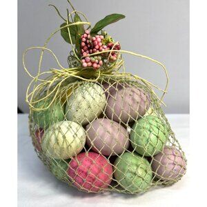 Decorative Speckled Faux Eggs In Mesh Bag With Floral Accents 18 Count